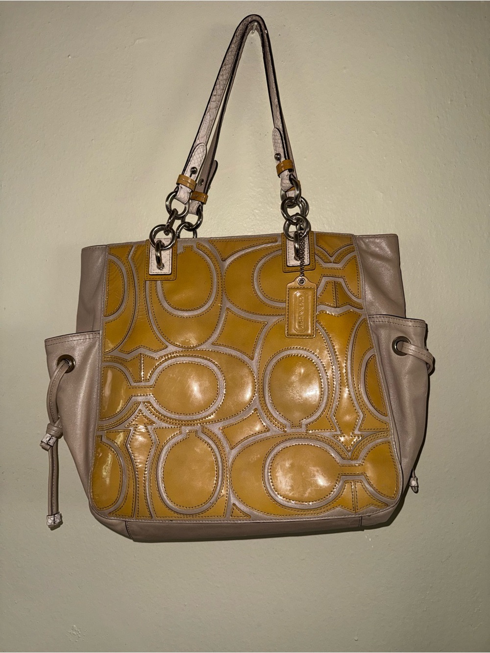 Coach Two-Tone Yellow Patent & Taupe Leather Shoulder Tote